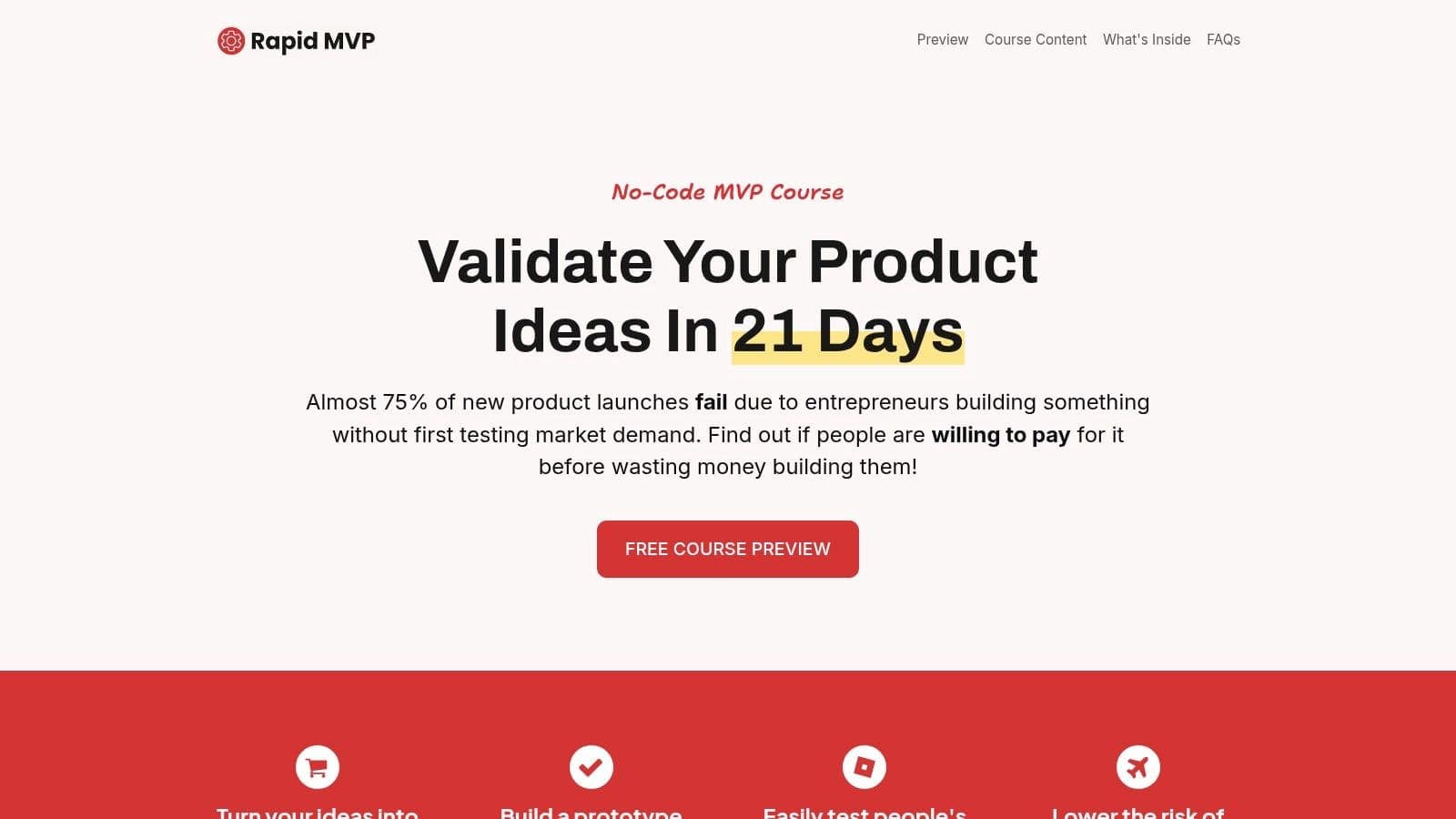 Rapid MVP platform showing no-code course interface and educational resources